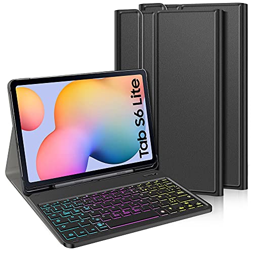 TASTATUR Clavier Coque pour Samsung Galaxy Tab S6 Lite (SM-P610/P615) 10.4 Pouces,AZERTY Wireless Clavier 7 Couleurs Trois partition rétroéclairé Clavier Housse pour Samsung Galaxy Tab S6 Lite