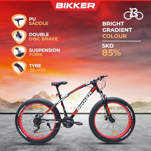 Image of Fat Tyre Cycle For Men With Dual Disc Brake, Front Steel Suspension, Multi Speed Unisex Cycle (12+ Years) I Frame Size: 18 inch| 85% Assembled Easy Self-Assembly (Red) (Black-Red), Road Bike