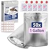 LinsKind 50Pcs Mylar Bags 1 Gallon, 10"x14"Mylar Bags with Oxygen Absorbers (50x500cc) for Food Storage, Zipper Resealable Heat Sealable Bag, Stand-up Smell Proof Large Mylar Bag with Labels