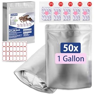 LinsKind 50Pcs Mylar Bags 1 Gallon, 10"x14"Mylar Bags with Oxygen Absorbers (50x500cc) for Food Storage, Zipper Resealable Heat Sealable Bag, Stand-up Smell Proof Large Mylar Bag with Labels