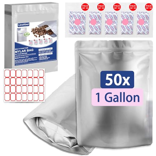 LinsKind 50Pcs Mylar Bags 1 Gallon 10x14Mylar Bags with Oxygen Absorbers (50x500cc) for Food Storage Zipper Resealable Heat Sealable Bag Stand-up Smell Proof Large Mylar Bag with Labels