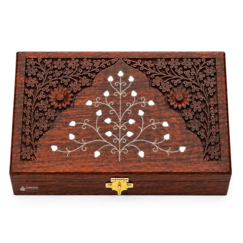 Image of Exquisitely Hand Brass-Filled Wooden OM Box for Good Luck| Jewellery Box (11X7 Inches, Crown)