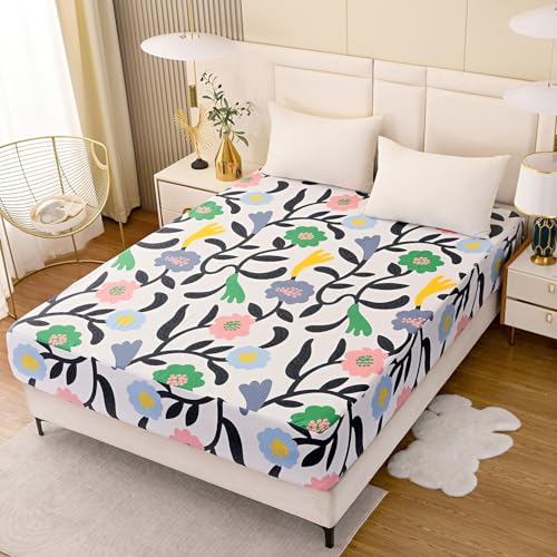 Image of Bedding Fitted Sheet with Deep Pocket Mattress Cover Sheets,Colorful Flowers Printed Fabric Bed Sheets (Floral, Queen)