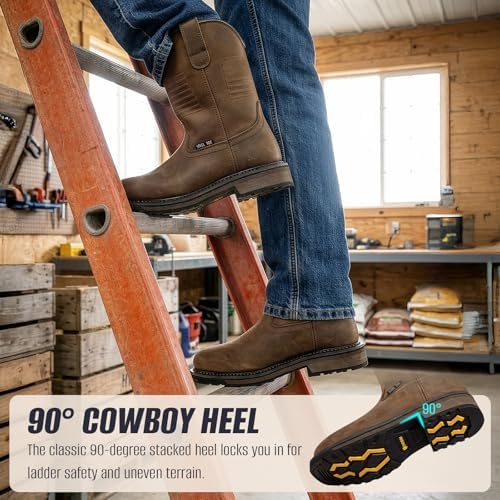 CVDSHU Steel Toe Work Boots for Men Cowboy Boots Square Toe Western Leather Slip On Oil & Slip Resistant Safety Boot Brown - 4