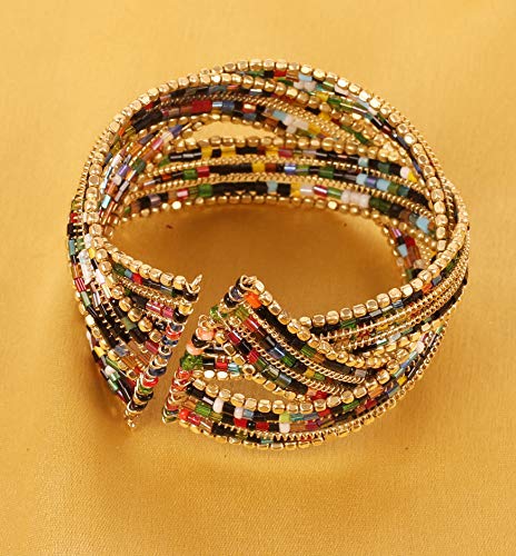 Image of Touchstone Indian Colorful Bead Bracelet Bollywood Beaten Metal Beads Openable Broad Cuff Bracelet in Gold or White Tone for Women.
