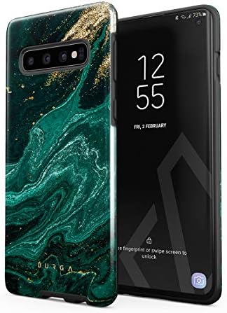 BURGA Phone Case Compatible with Samsung Galaxy S10 Plus - Hybrid 2-Layer Hard Shell + Silicone Protective Case -Emerald Green Jade Stone Gold Glitter Marble - Scratch-Resistant Shockproof Cover