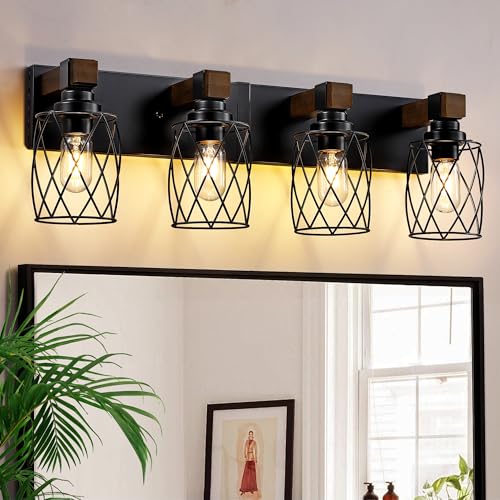 Image of Farmhouse 4-Light Wood Bathroom Vanity Light, Black Metal Cage Shade | Mounted Over Mirror, Industrial Rustic Style, Ideal for Bathroom, Bedroom, Hallway & Living Room, Easy To Install