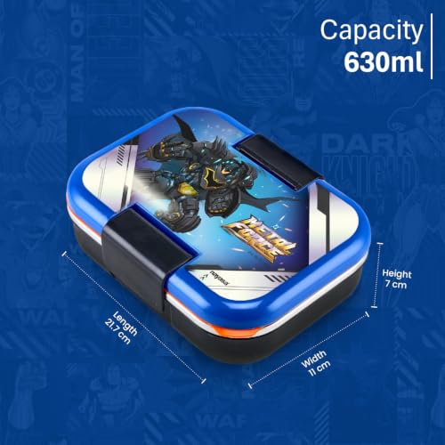 Image of Nayasa Marco Batman Print 2 Compartment Stainless Steel Insulated Lunch Box for Kids Boys | Vacuum Sealed Leak Proof Tiffin Box | 650 ml | Black & Blue