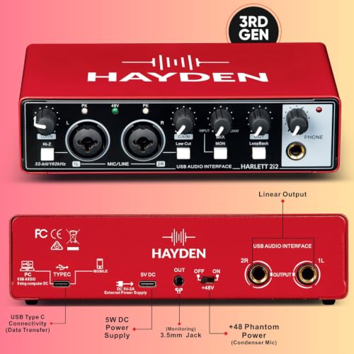 Image of HAYDEN HARLETT 2i2 3rd Gen USB Audio Interface, 2-In 2-Out Recording Sound Card, 32-Bit /192kHz, 48V Phantom Power, XLR /TRS Combo Inputs, Studio Audio for Guitar, Vocals, Podcast & Streaming