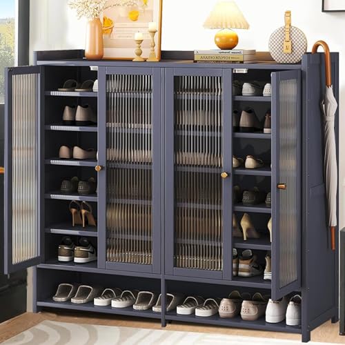 adsecxa 8-Tier Bamboo Shoe Cabinet, 40 Pairs Shoe Storage Cabinet with Doors, Freestanding Bamboo Shoe Rack Organizer with Shelves for Entryway, Hallway, Living Room, Bedroom (Grey-1)