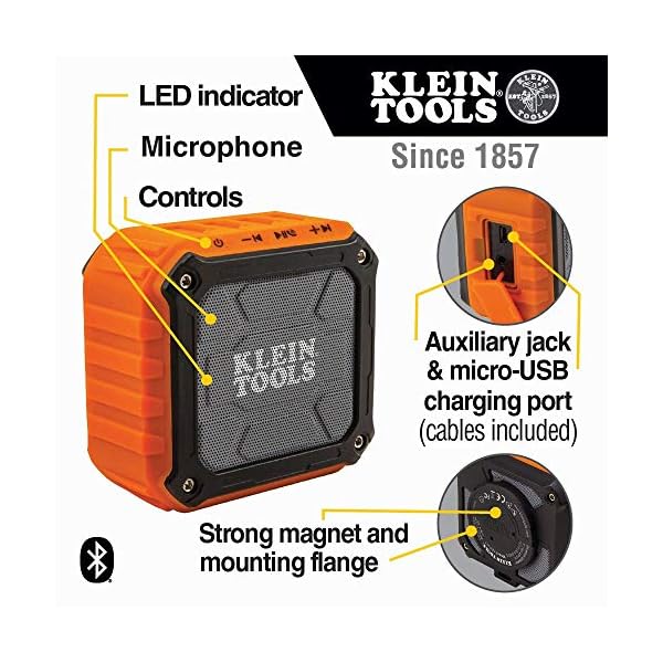 Klein Tools AEPJS1 Bluetooth Speaker, Wireless Portable Jobsite Speaker Plays Audio and Answers Calls Hands Free, IPX5, Worksite Ready - Image 3