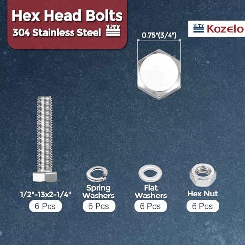 Kit de tornillos hexagonales 1/2"-13x2-1/4" de acero inoxidable con tuercas y arandelas, 24 uds 2