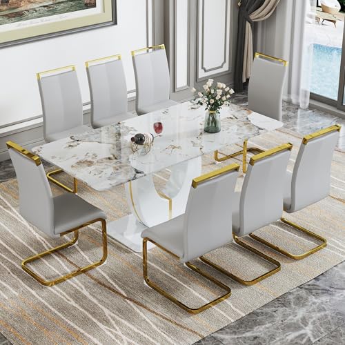 hohoedc 71 Inch White Dining Table Set for 8 with 0.4 Inch Thick Faux Marble Pattern Tempered Glass Tabletop & 8 PU Leather Chairs, 9-Piece Rectangle Kitchen and Dining Room Table Sets -  F-1280-18090-PDLW+1162GLGR8+