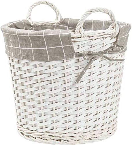 wilko White Round Wicker Basket, Small Split Wood Basket, White Waste Paper Bin, Stylish Rustic Basket, 35 x 35cm
