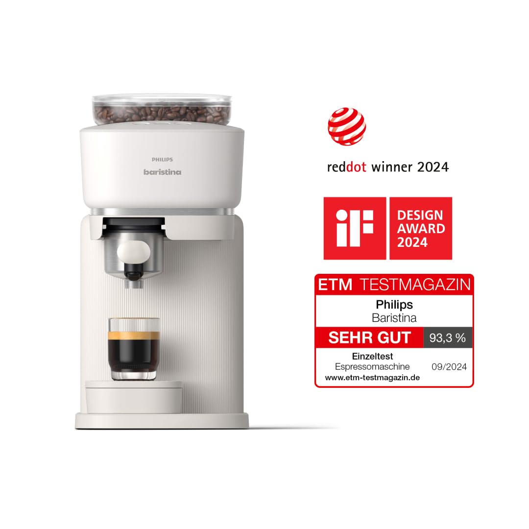 Philips Baristina Espressomaschine - Real Espresso, made simple. Kompakte Kaffeemaschine, Naturweiß mit naturweißem Siebträger, 16-bar-Pumpendruck, automatisches Mahlwerk, Cafe Crema (BAR300/00)