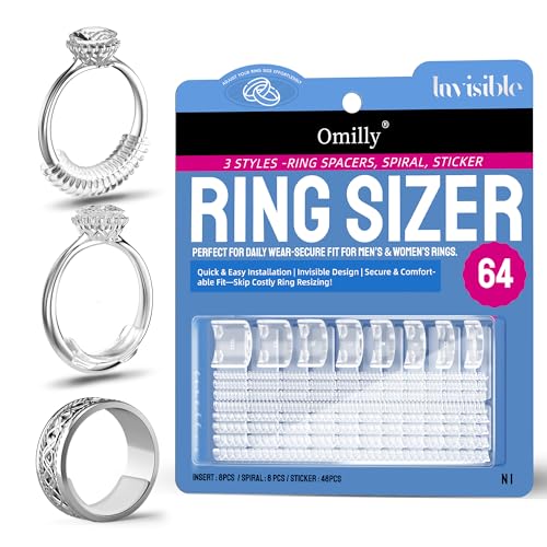 Ring Sizer Adjuster for Loose Rings 64-Piece Set with 3 Types (Spiral Coils Ring Guards Sizing Strips) Fits Ring Widths 1-10mm Invisible Resizing Solution for Women & Men