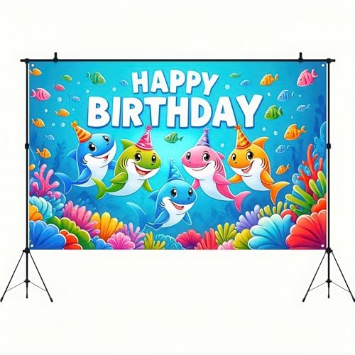 Image of HOMETITUTE Shark Birthday Party Decorations Ocean World Shark Family Happy Birthday Banner Ocean Decorations 71x43 Inch Underwater Coral Reef Party Backdrop Tropical Fish and Sea Life Decorations
