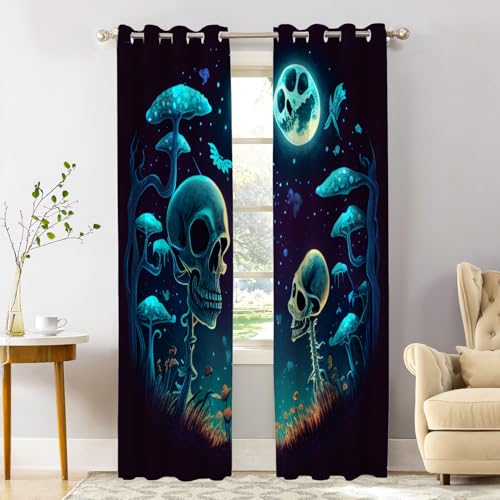 Shrahala Happy Halloween Funny Blackout Window Curtains, Skeletons Grass Mushrooms Starry Sky Thermal Insulated Curtains Grommet Top Window Drapes for Living Room, Bedroom (2 Panels, 52 x 84 in)