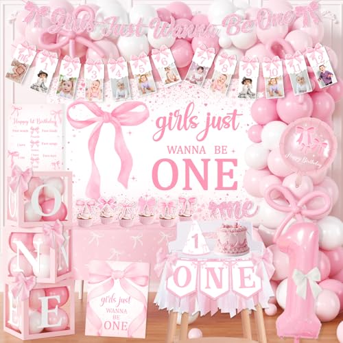 Pink Bow 1st Birthday Decorations Girls Just Wanna Be One Birthday Decorations Kit Include Pink White Balloon Arch Backdrop Banner Balloon Boxes High Chair Banner Bow Tablecloth Bow Cupcake Toppers