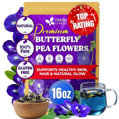 Image of FreshDrinkUS, Premium 16oz Blue Butterfly Pea Flowers Dried - Premium Whole Flower Herbal Tea - Vibrant Blue Natural Color - Caffeine-Free Loose Flower Tea. Vegan
