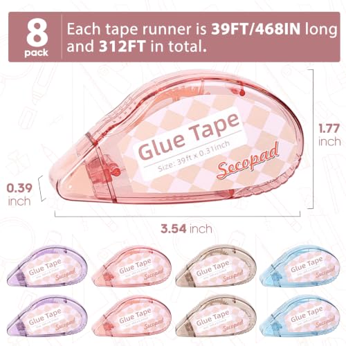 Image of Secopad Scrapbook Tape, 0.3IN x 39FT Double Sided Tape Roller for Crafts, Adhesive Glue Runner Scrapbooking Supplies Journaling School Office Supplies for Kids and Adults, 8 Pack, Light-Color Shell