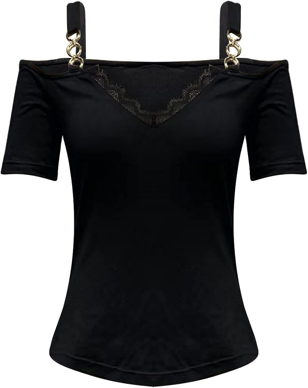 Miniatura 5 de Camiseta de manga corta para mujer, con encaje y hombros descubiertos, con estampado casual, cuello en V, tirantes para entrenamiento