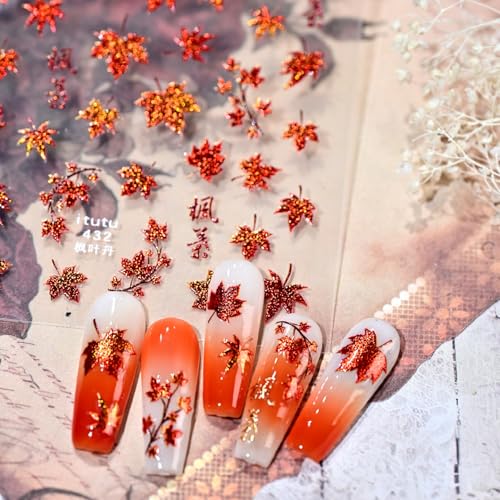 Fall Nail Stickers 5D Embossed Maple Leaves Nail Art Stickers Decals Glitter Gold Maple Leaves Design Nail Stickers for Nail Art Autumn Self-Adhesive Nails Supplies for Women Manicure Decor