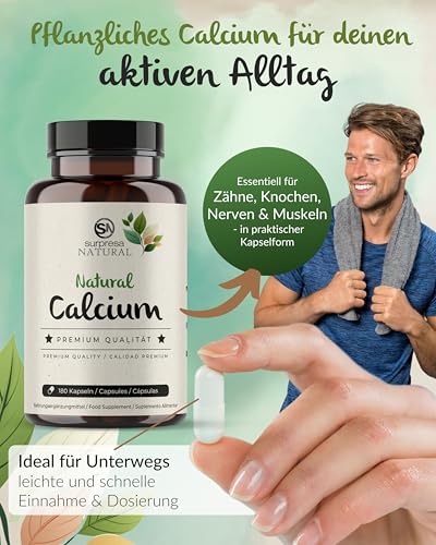 Surpresa Natural Calcium Kapseln hochdosiert I 180 Kapseln I 230 mg natürliches Kalzium pro Kapsel I natürliches, aus Algen gewonnenes Kalzium I Nahrungsergänzungsmittel vegan & laborgeprüft