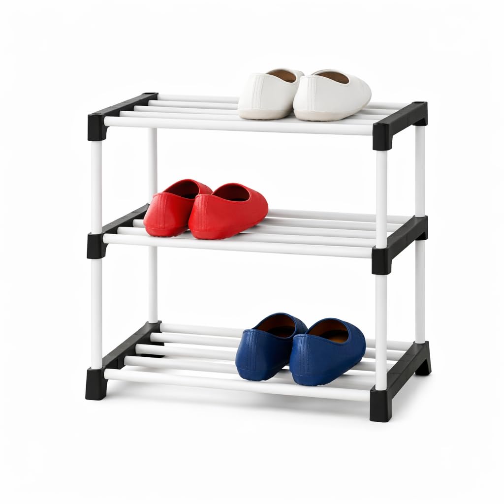 3 Tier Plastic Shoe Rack, White, Durable Lightweight Space Saving Footwear Organizer Stand, Multi Purpose Storage Shelf for Bedroom Entryway Closet-image-4