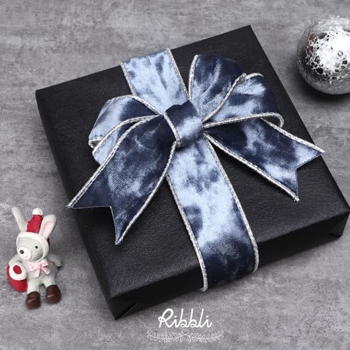 Image of Ribbli Dusty Blue Velvet Wired Ribbon 1.5 Inch Metallic Dusty Blue Crushed Velvet Christmas Ribbon for Gift Wrapping Christmas Tree Decoration Crafts Wreaths Supplies-Continuous 10 Yards
