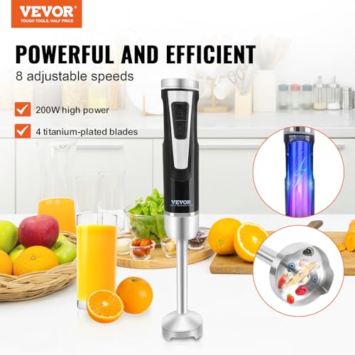 Image of VEVOR Hand Blender, 8 Variable Speeds Immersion Blender, Stainless Steel Handheld Blender Powerful Motor Hand Mixer, USB Charging Cable Multi-purpose Easy Control Grip Stick Mixer