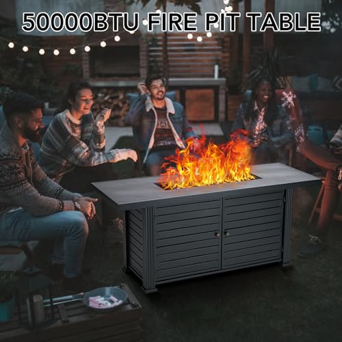 Propane Fire Pit Table 57 x 22 Inch, 50000BTU Rectangle Fire Table with Cover & Rain Cover, Sturdy Steel and Iron Fence Surface, CSA Safety Certified, Companion for Your Garden