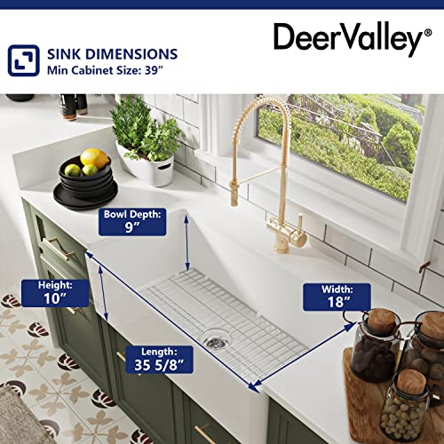 Single Bowl Kitchen Sink, Deervalley Dv-1K505 Grove 36"L X 18"W Fireclay Farmhouse Sink Apron Front Deep White Kitchen Sink With Sink Grid And Basket Strainer #TOP3