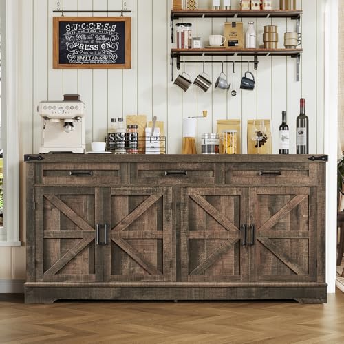 Image of usikey Buffet Cabinet, 63” Large Sideboard Buffet Storage Cabinet with 3 Drawers, Farmhouse Coffee Bar with 4 Doors, Buffet Table for Kitchen, Living Room, Antique Oak