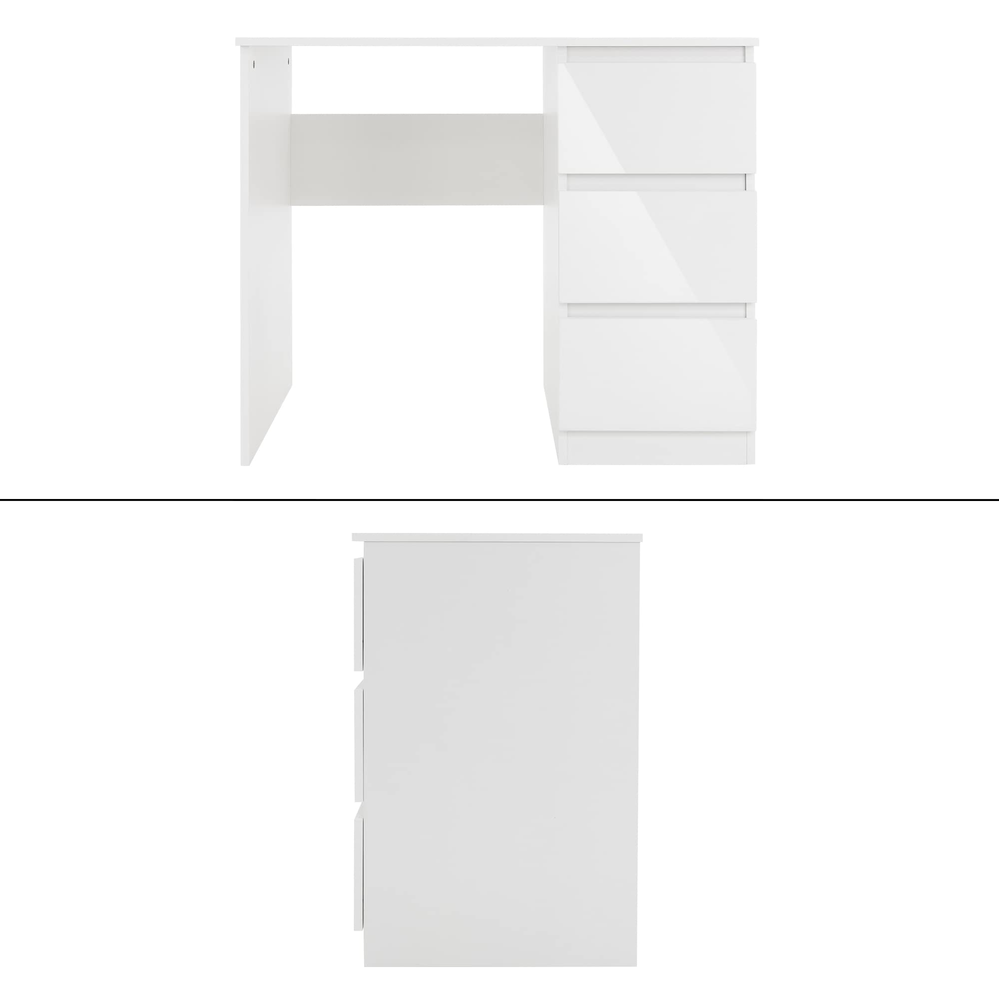 ML-Design Escritorio con 3 Cajones 90x76x50 cm Blanco con Tapas de Cajones Brillantes con Gran Espacio de Almacenamiento Mesa de Trabajo para Ordenador Portátil PC en Oficina y Homeoffice