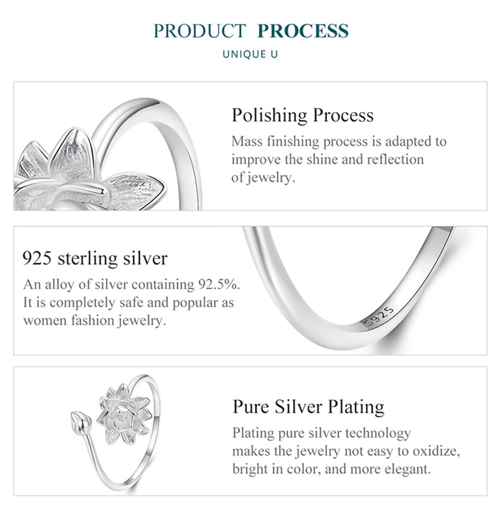 Anillo ajustable de plata de ley S925 con diseño de flor abierta para mujeres y adolescentes.