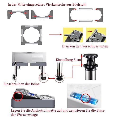 Waschmaschinen Untergestell Waschmaschinenständer Waschmaschinensockel Podest für Kühlschrank, Trockner und Gefrierschrank Bärenlast 150kg, Verstellbare Breite Höhe(40-60cm,19-22cm)