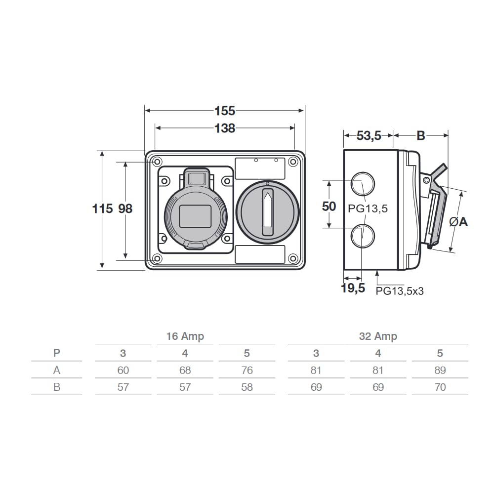 Presa interbloccata orizzontale con sezionatore interruttore, con fondo, 220V - 230V, 3 poli 2P+T, 32A, IP54 - Rosi 14.3234B6