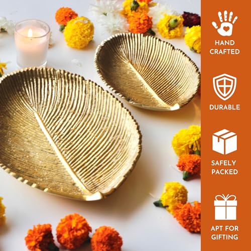 Image of Behoma Metal Leaf Shape Tray for Home Decor | Perfect for Mandap, Haldi, Mehendi & Reception Center Table Decoration | Special Navratri Decoratives Golden, Small Size (Only Tray Included)
