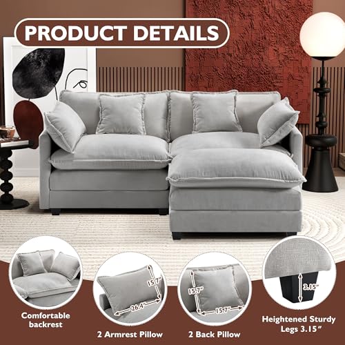Image of Ihanherry 77 inch L Shaped Modern Sofa Modular Sectional Cloud Couch with Ottoman, 3-Seat Chenille Deep Seat Sofa with Pillow for Living Room, Bedroom and Apartment, Grey