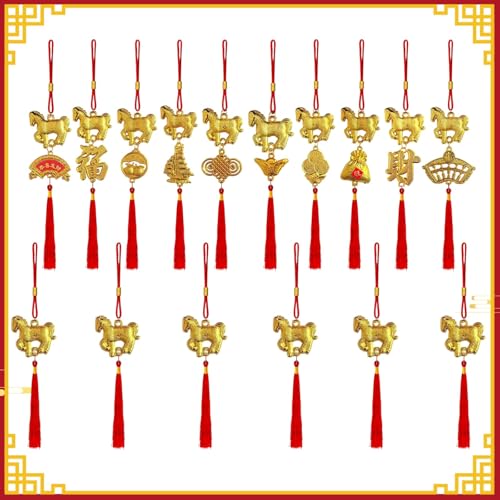 16Pcs Chinese New Year 2026 Year of the Horse Decorations Pendant Decoration with Red Tassels - Feng Shui Lucky Charm Hanging Ornaments for Fortune Wealth Health Home Office Decor Gift