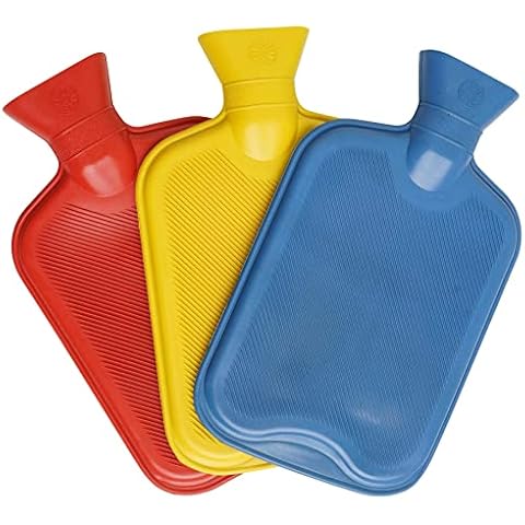 Pack of 3 Hot Water Bottles - Natural Rubber 2 Litre Capacity - 3 Colours in Pack (Red, Yellow and Blue) Cover