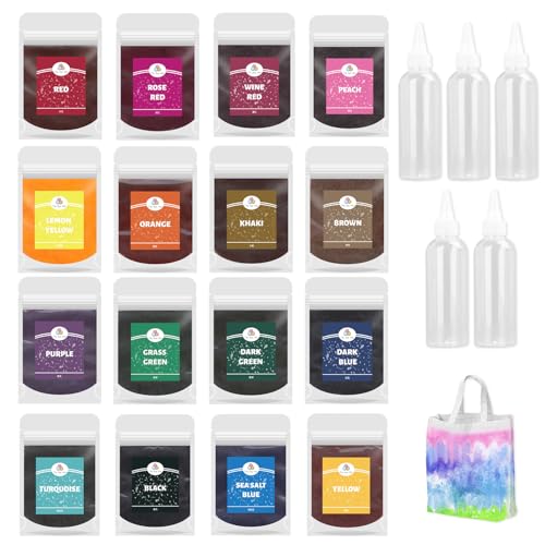 16 Farben Batikfarben Set 10g Batik Set Kinder Batik Farbe Tie Dye Kit Batikfarben Set Waschfest Batik Farben für T-Shirt Kopftuch Tischdecken Stoffbeutel Andere Textilien mit 5 Squeeze Bottle