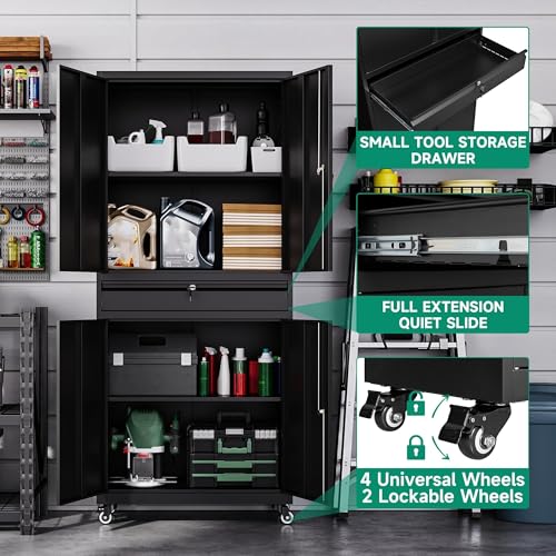 Image of Letaya Metal Garage Storage Cabinet with Wheels,Rolling Tool Cabinet with 4 Door Lock-Adjustable Shelves and 1 Drawer for Garage Home Office Utility Room (Black with Wheels)