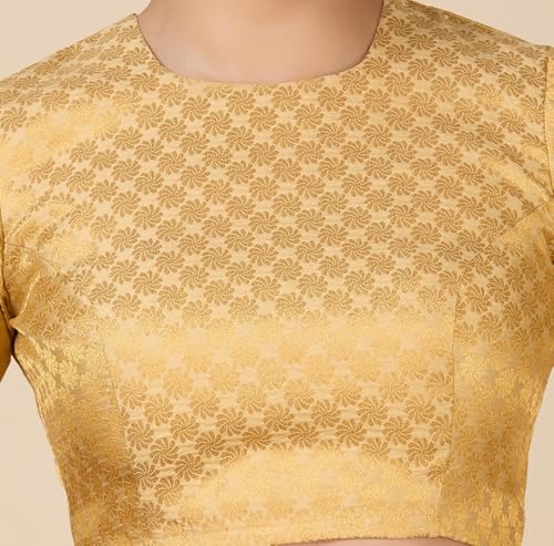 Image of Studio Shringaar Women Brocade Silky Jewel Neck Readymade Elbow Length Sleeve Saree Blouse