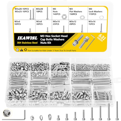 631 Stück M3 Schrauben Muttern Sortiment Set, Edelstahl Zylinderschrauben Innensechskant Schrauben mit Muttern und Unterlegscheiben Set - M3 x 6mm /8mm /10mm /12mm /16mm /20mm /25mm /30mm