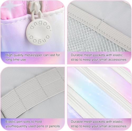 Image of Canvas School Bag Pencil Case, 3 Layer 6 Compartment Large Capacity, Aesthetic Pencil Pouch for Stationary, Cute Stationery for Kids, Pencil Case for Girls & Boys (Rainbow Pink)