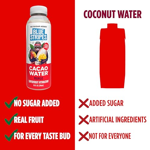 Image of Blue Stripes Cacao Water - Mango & Passion Fruit | Hydration Drink with Natural Electrolytes & Antioxidants | Cacao Juice, Fruit Juice & Water | No Sugar Added, Plant Based, Non GMO |10 floz (12 Pack)