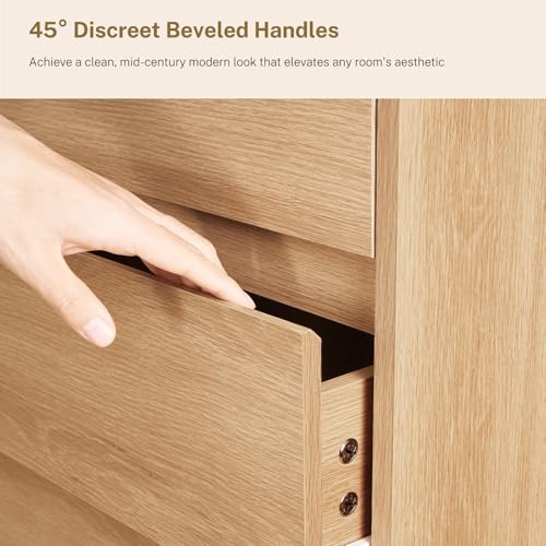 Image of TEENFON Tall Dresser for Bedroom with 6 Drawers, 49.2 inch Tall Dressers & Chest of Drawers with Curved Profile Design, Wood Closet Storage Dressers Organizer for Bedroom, Living Room, Natural