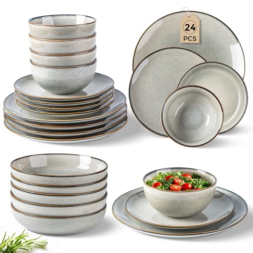 GBHOME 24 Pieces Ceramic Dinnerware Sets for 6, Stoneware Plates and Bowls Set with Reactive Glaze, Scratch Resistant Stoneware Dishes Set, Dishwasher & Microwave Safe